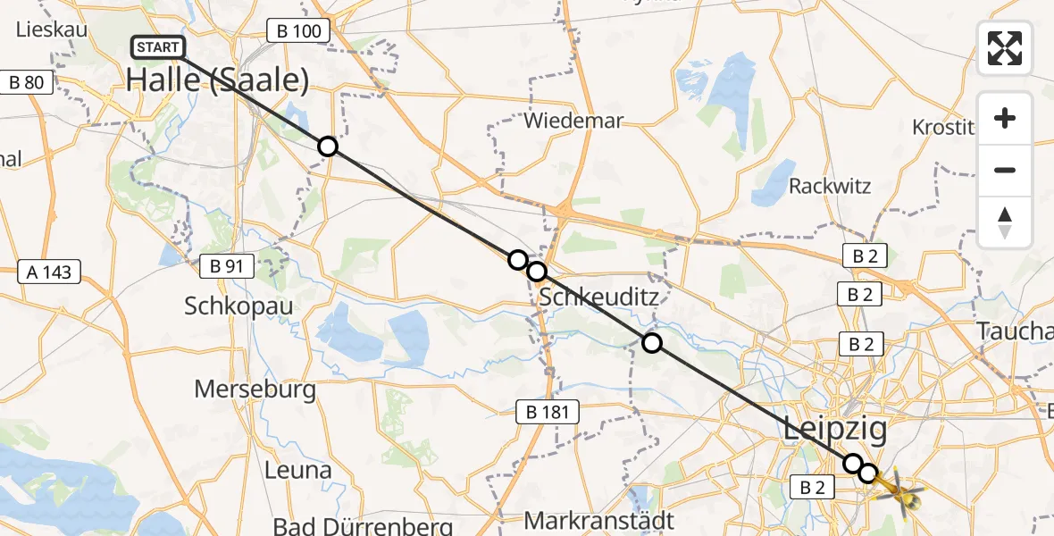 Flugroute Rettungshubschrauber Halle (Saale) - Leipzig, 10 Juni 2026, 10:35
