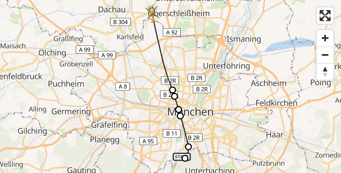 Flugroute Rettungshubschrauber ADAC Air Rescue Center Hubschrauberlandeplatz (Christoph 1) - Oberschleißheim, 10 Juni 2026, 10:40