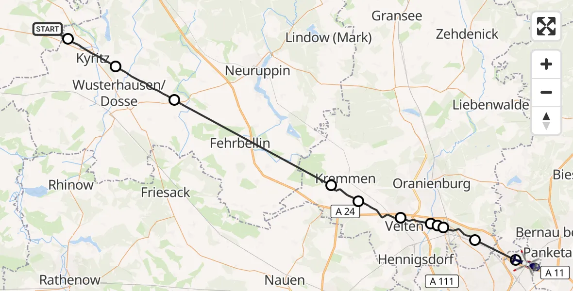 Flugroute Polizeihubschrauber Gumtow - Berlin, 10 Juni 2026, 10:40