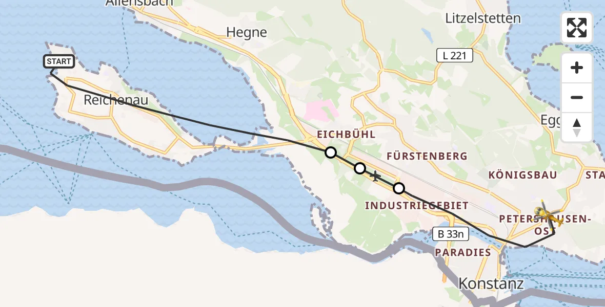 Flugroute Rettungshubschrauber Reichenau - Konstanz Hospital Hubschrauberlandeplatz, 10 Juni 2026, 10:42