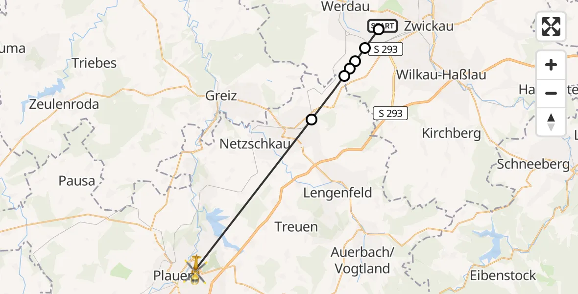 Flugroute Rettungshubschrauber ADAC Air Rescue Station Zwickau Hubschrauberlandeplatz - Plauen, 10 Juni 2026, 10:43