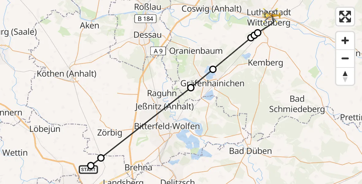 Flugroute Rettungshubschrauber Landsberg - Paul-Gerhardt-Stift Evangelical Hospital, 10 Juni 2026, 10:45