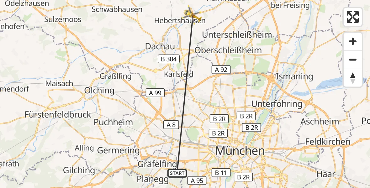Flugroute Rettungshubschrauber DRF Air Rescue München Hubschrauberlandeplatz - Hebertshausen, 10 Juni 2026, 10:47