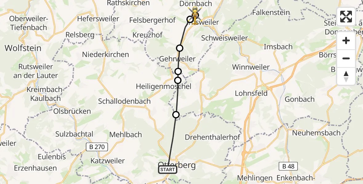 Flugroute Rettungshubschrauber Otterberg - Imsweiler UL, 10 Juni 2026, 10:54