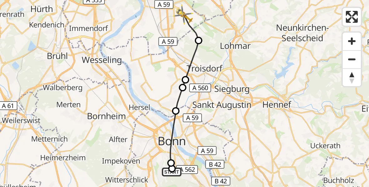 Flugroute Rettungshubschrauber Bonn University Hospital - Köln Bonn Flughafen, 10 Juni 2026, 10:54