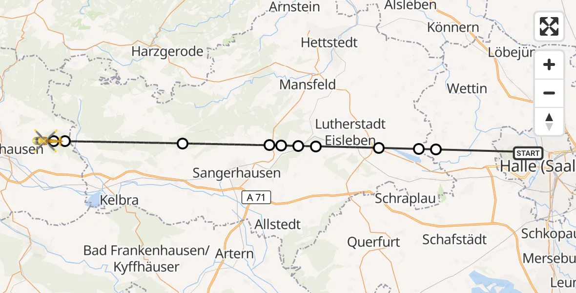 Flugroute Rettungshubschrauber Halle (Saale) University Hospital - Urbach, 10 Juni 2026, 11:02