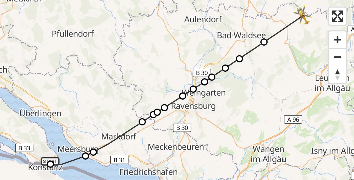 Flugroute Rettungshubschrauber Konstanz Hospital - Bad Wurzach, 10 Juni 2026, 11:08