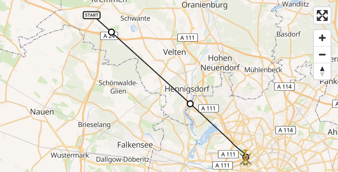 Flugroute Ambulanzhubschrauber Kremmen - Charité Clinic Virchow Campus Hubschrauberlandeplatz, 10 Juni 2026, 11:08