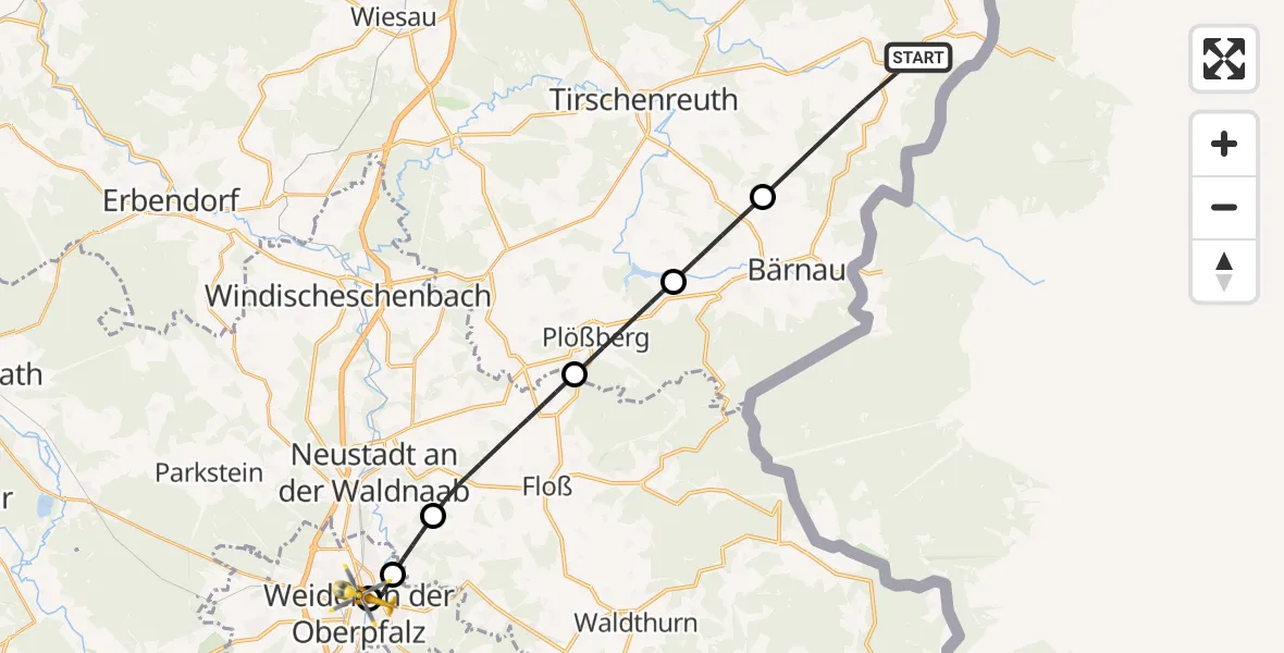 Flugroute Rettungshubschrauber Mähring - Weiden Hospital, 10 Juni 2026, 11:11