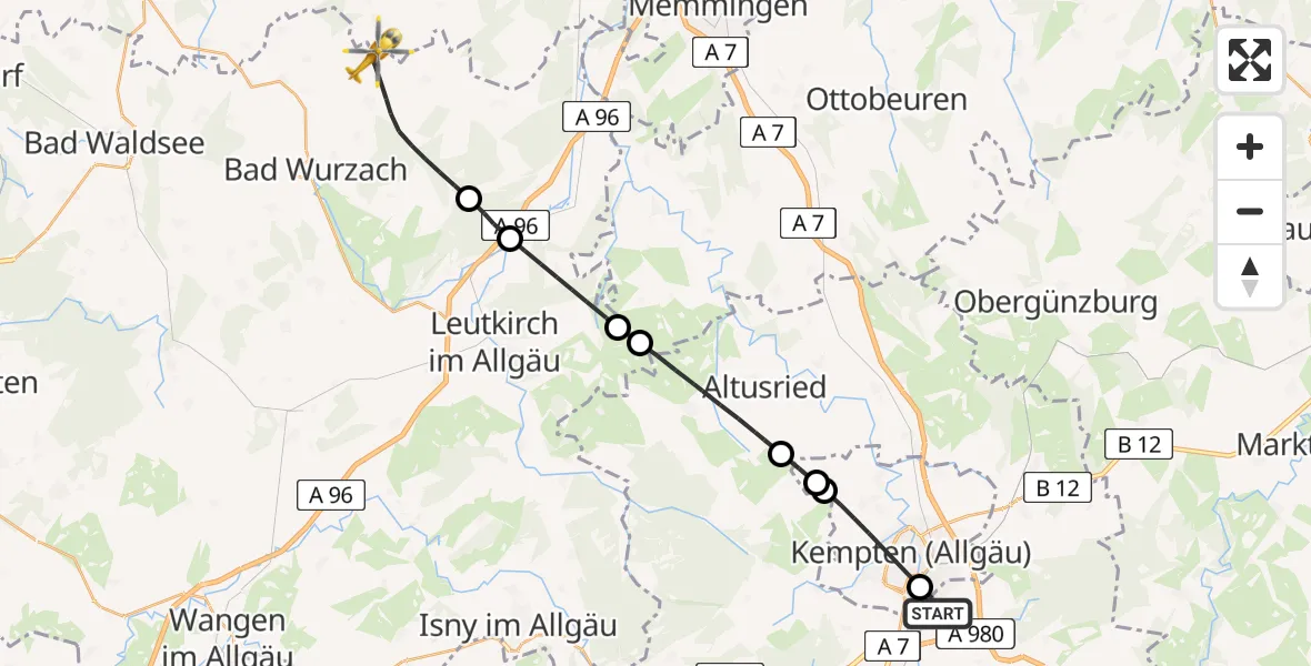 Flugroute Rettungshubschrauber Durach - Bad Wurzach, 10 Juni 2026, 11:12