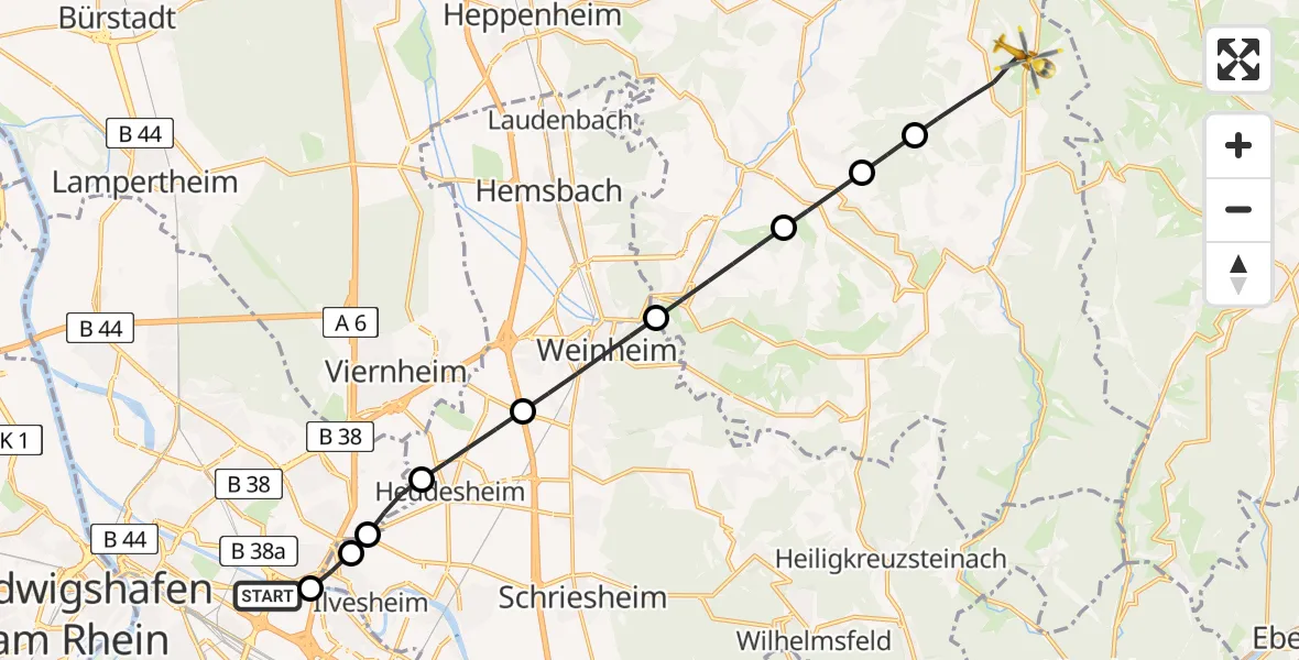 Flugroute Rettungshubschrauber Mannheim-City Flughafen - Grasellenbach, 10 Juni 2026, 11:14