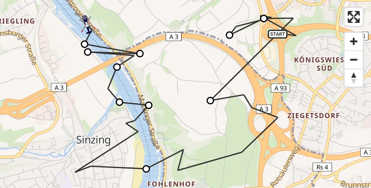 Flugroute Polizeihubschrauber Regensburg - Sinzing, 10 Juni 2026, 11:18