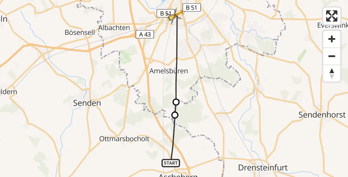 Flugroute Rettungshubschrauber Ascheberg - Münster, 10 Juni 2026, 11:26