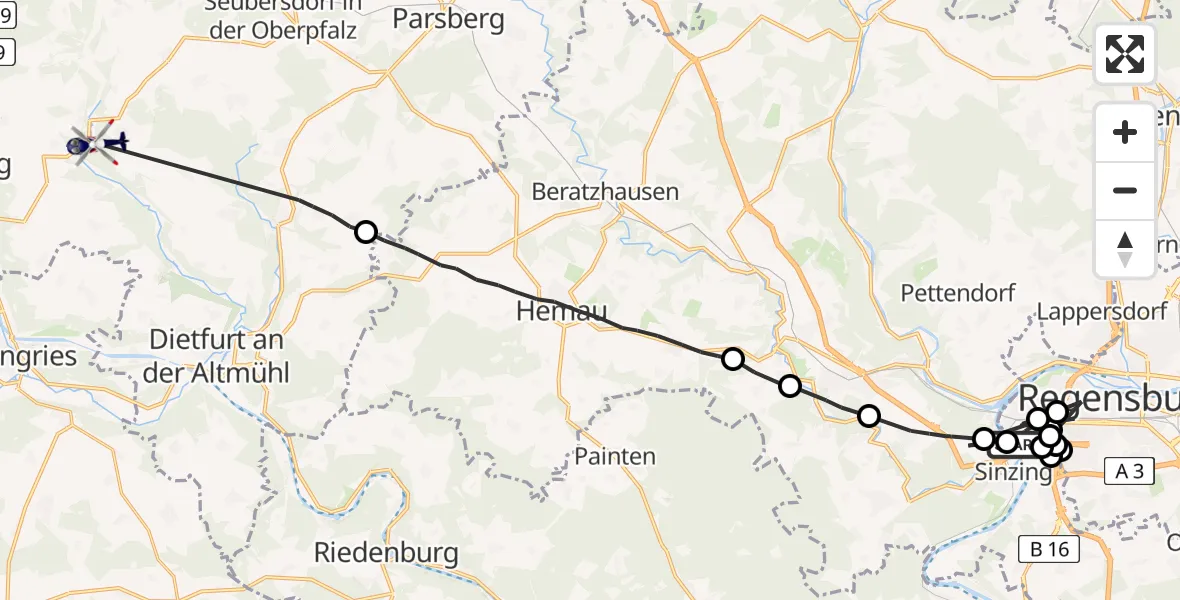 Flugroute Polizeihubschrauber Regensburg - Berching, 10 Juni 2026, 11:26