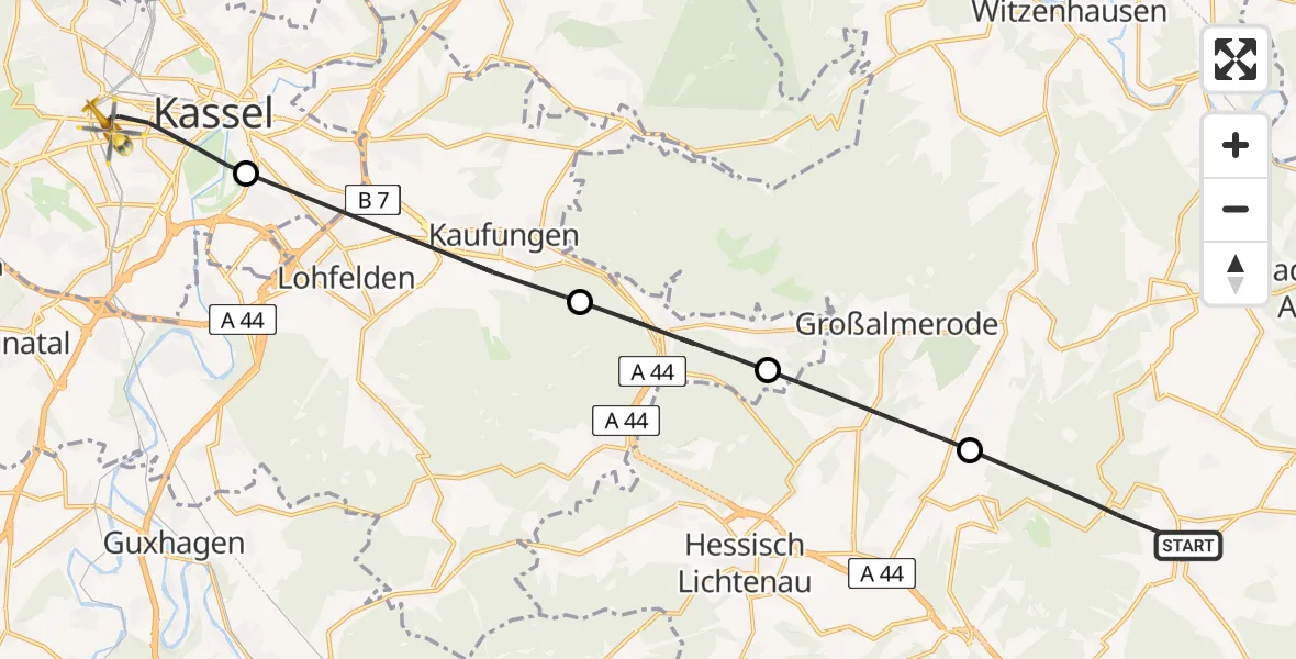 Flugroute Rettungshubschrauber Meißner - Kassel, 10 Juni 2026, 11:30