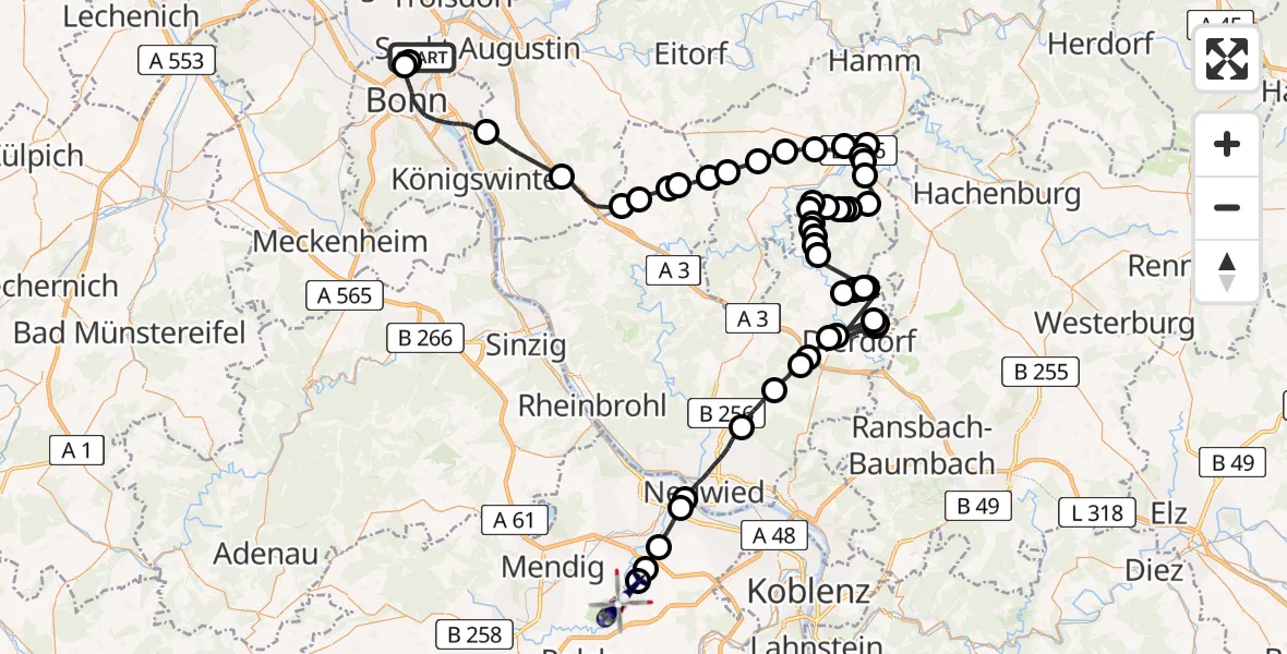 Flugroute Polizeihubschrauber Bonn - Ochtendung, 10 Juni 2026, 11:32