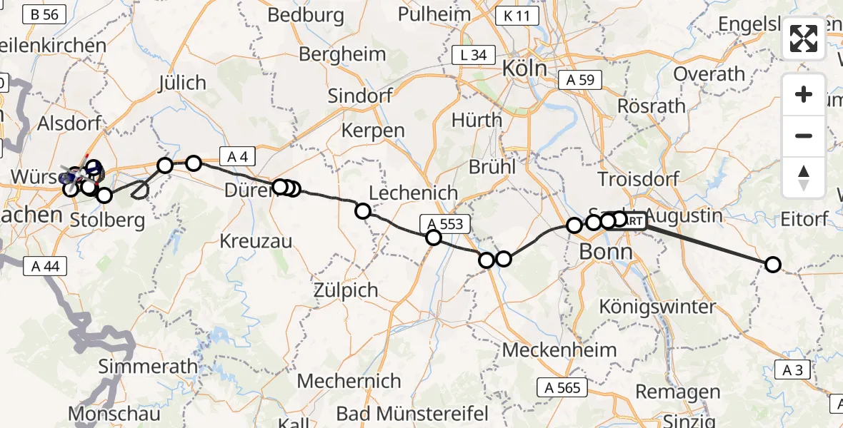 Flugroute Polizeihubschrauber Sankt Augustin - Aachen-Merzbrück Flughafen, 10 Juni 2026, 11:32