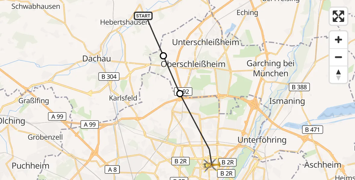 Flugroute Rettungshubschrauber Hebertshausen - München, 10 Juni 2026, 11:34