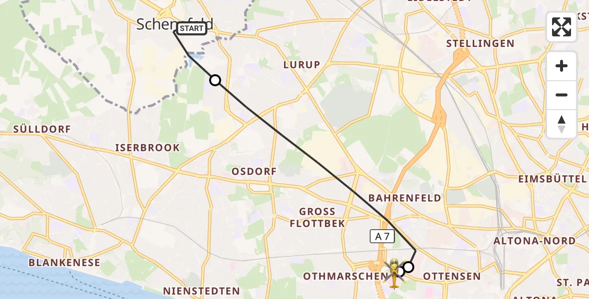 Flugroute Rettungshubschrauber Schenefeld - Asklepios Hospital Altona, 10 Juni 2026, 11:34