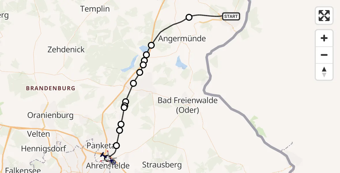 Flugroute Polizeihubschrauber Schwedt/Oder - Ahrensfelde Hubschrauberlandeplatz, 10 Juni 2026, 11:35