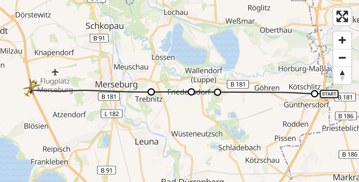 Flugroute Rettungshubschrauber ADAC Air Rescue Station Leipzig/Schkeuditz-Dölzig Hubschrauberlandeplatz (Christoph 61) - Merseburg, 10 Juni 2026, 11:36