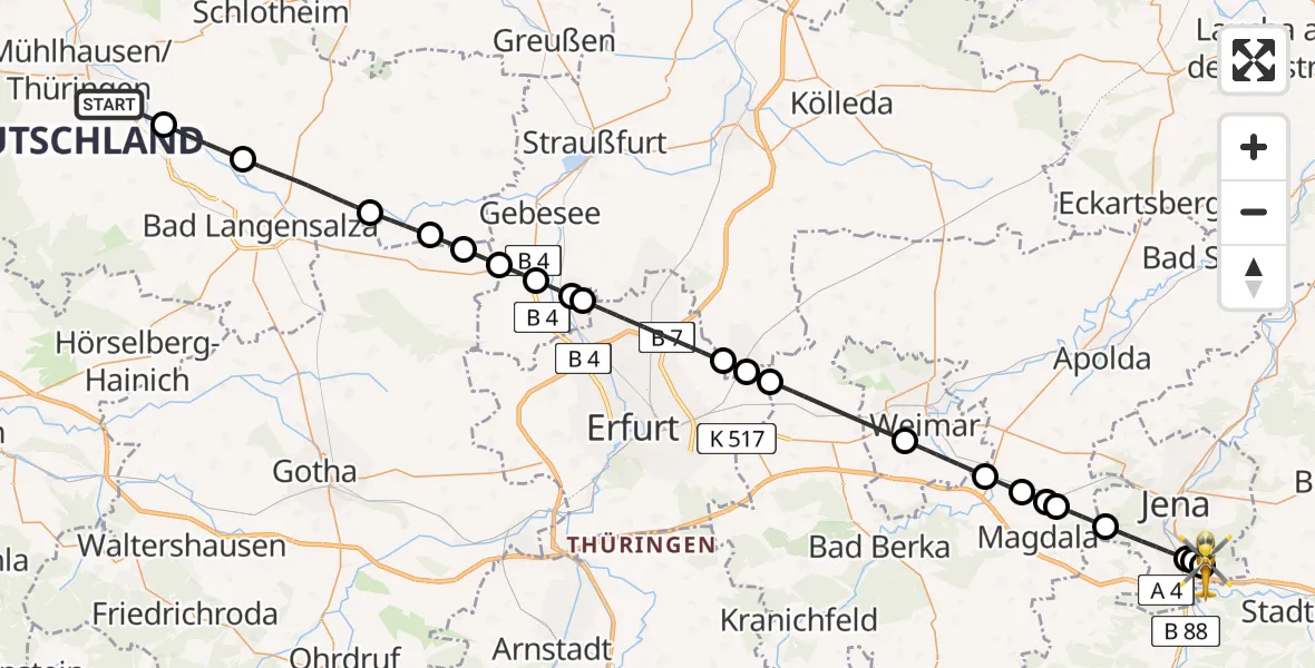Flugroute Ambulanzhubschrauber Mühlhausen/Thüringen - Jena University Hospital, 10 Juni 2026, 11:39