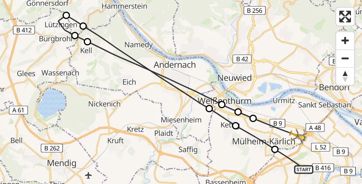 Flugroute Rettungshubschrauber Koblenz - Mülheim-Kärlich, 10 Juni 2026, 11:42