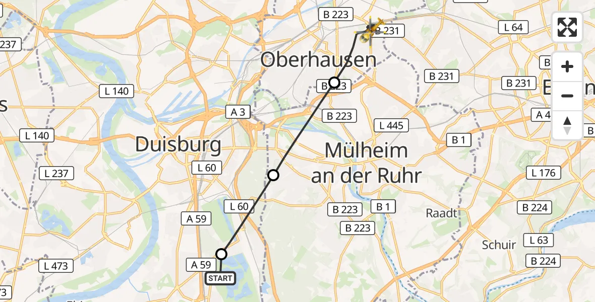 Flugroute Rettungshubschrauber Duisburg Air Rescue Hubschrauberlandeplatz (Christoph 9) - Oberhausen, 10 Juni 2026, 11:53