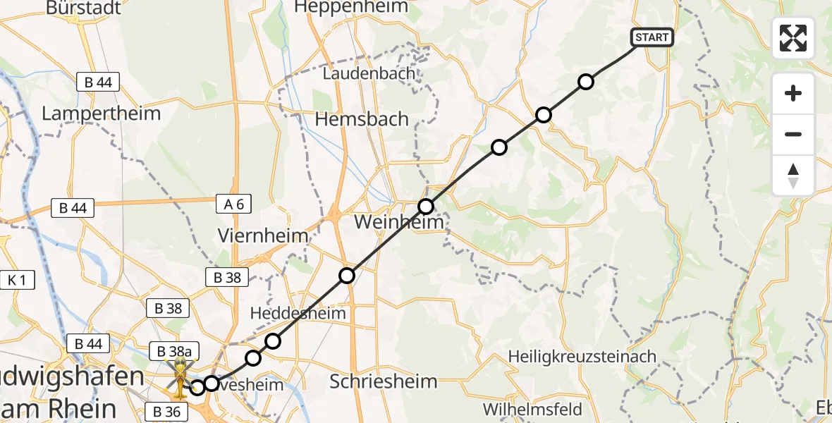 Flugroute Rettungshubschrauber Grasellenbach - Mannheim-City Flughafen, 10 Juni 2026, 12:06