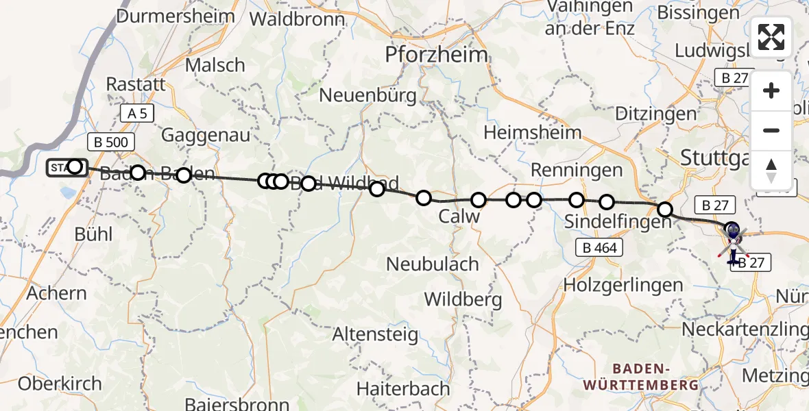 Flugroute Polizeihubschrauber Karlsruhe Baden-Baden Flughafen - Flughafen Stuttgart, 10 Juni 2026, 12:08