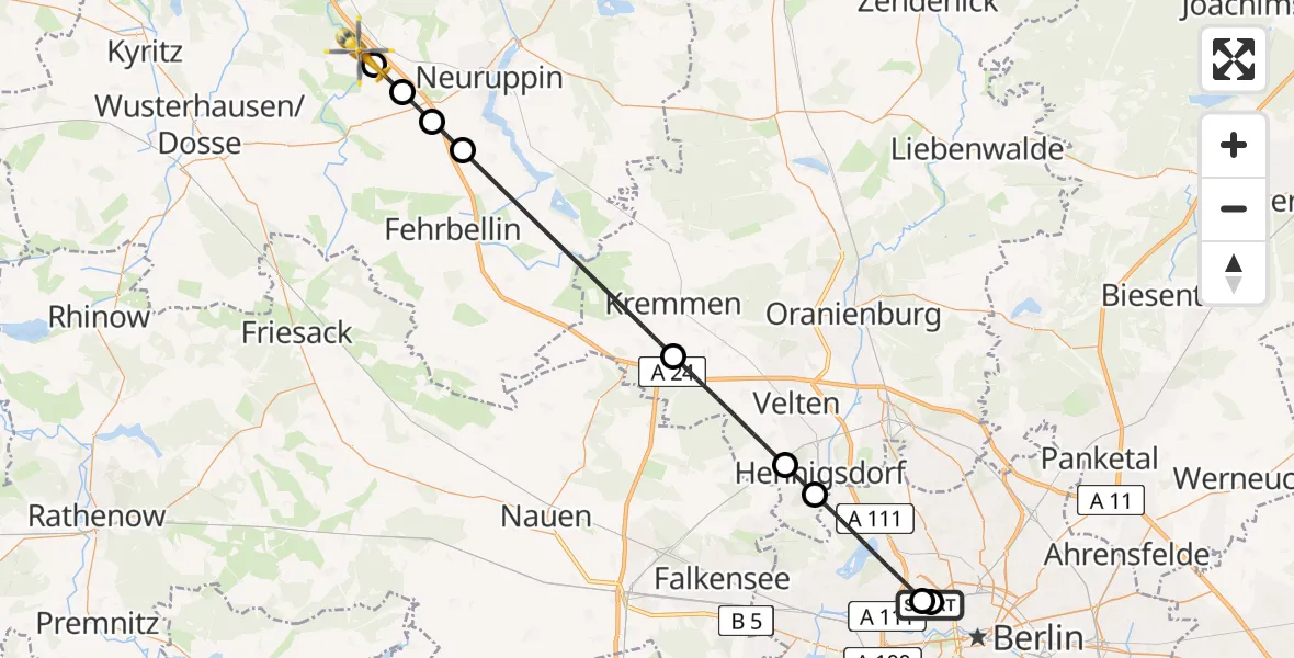 Flugroute Ambulanzhubschrauber Charité Clinic Virchow Campus - Walsleben, 10 Juni 2026, 12:21