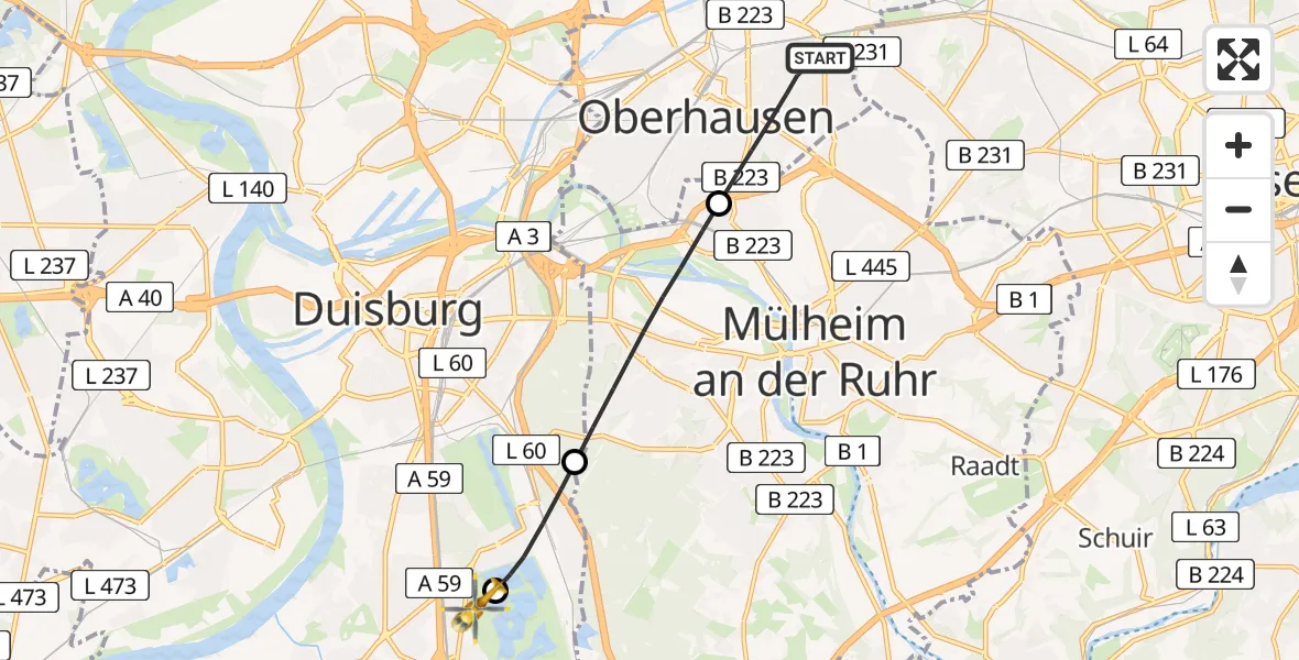 Flugroute Rettungshubschrauber Oberhausen - Duisburg Air Rescue Hubschrauberlandeplatz (Christoph 9), 10 Juni 2026, 12:25