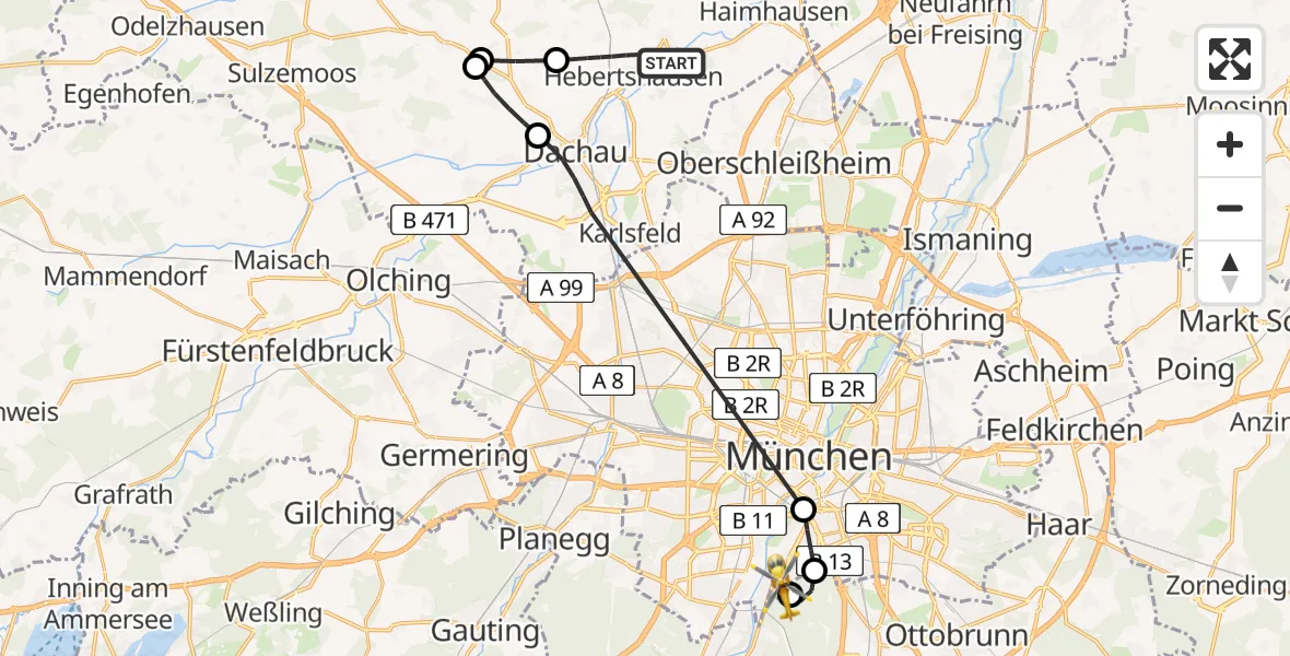 Flugroute Rettungshubschrauber Hebertshausen - ADAC Air Rescue Center Hubschrauberlandeplatz (Christoph 1), 10 Juni 2026, 12:26