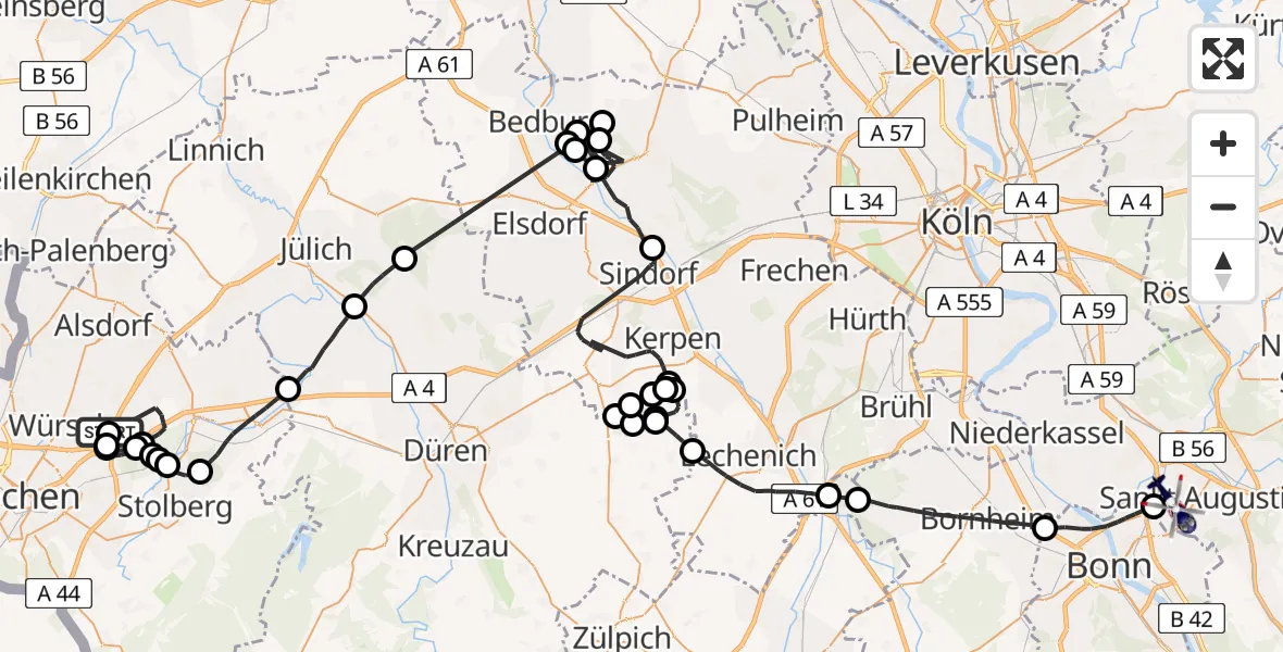 Flugroute Polizeihubschrauber Würselen - Bonn-Hangelar Flugplatz, 10 Juni 2026, 12:29