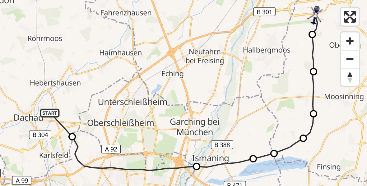 Flugroute Polizeihubschrauber Dachau - München Flughafen, 10 Juni 2026, 12:38