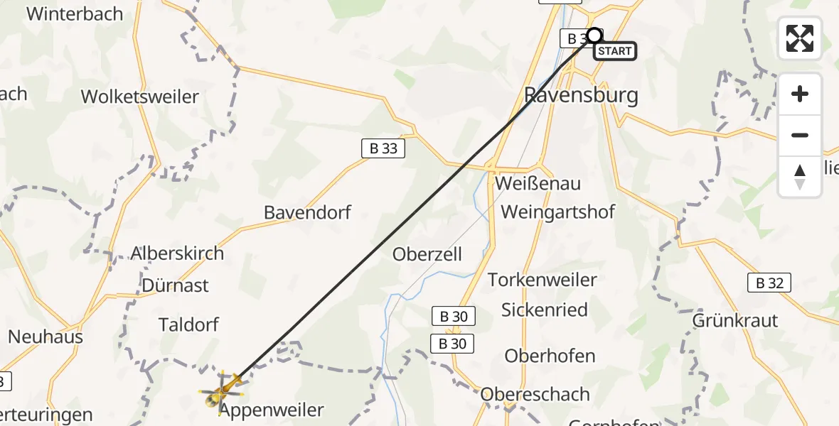 Flugroute Rettungshubschrauber Sankt Elisabeth Hospital - Friedrichshafen, 10 Juni 2026, 12:46