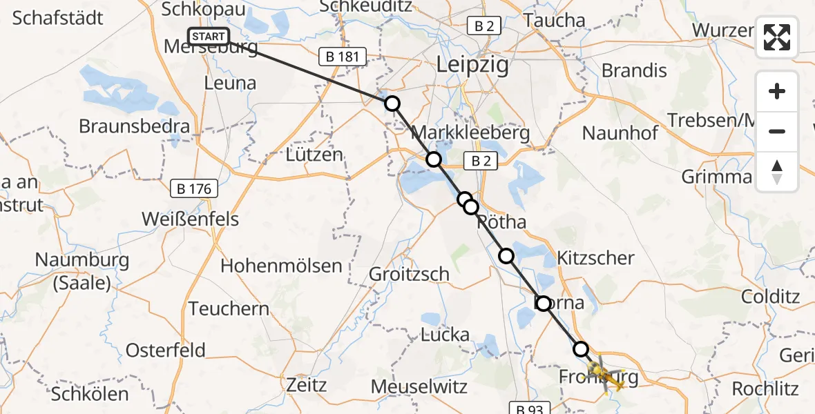 Flugroute Rettungshubschrauber Merseburg - Frohburg, 10 Juni 2026, 12:49