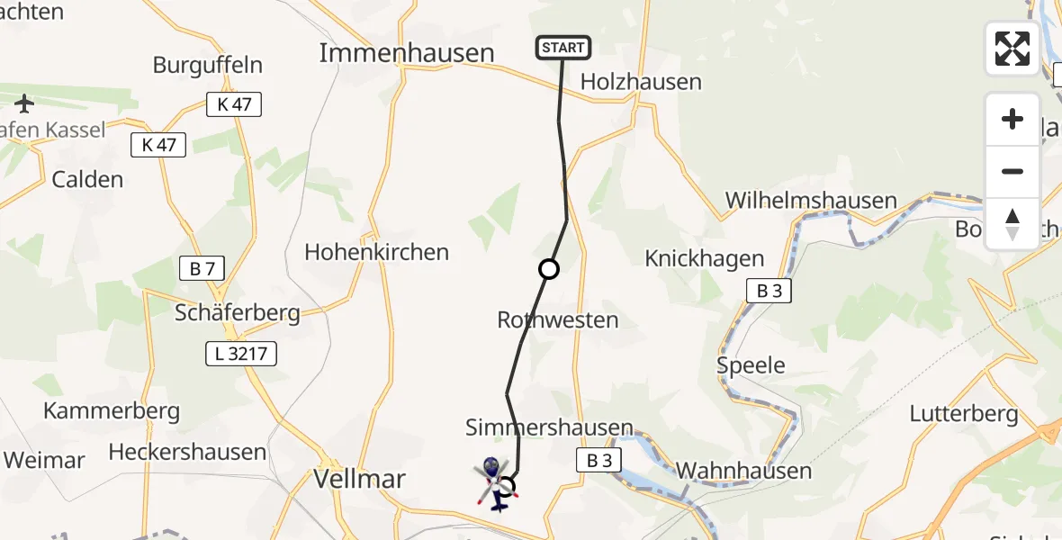 Flugroute Polizeihubschrauber Immenhausen - Fuldatal Bundespolizei Hubschrauberlandeplatz, 10 Juni 2026, 12:56
