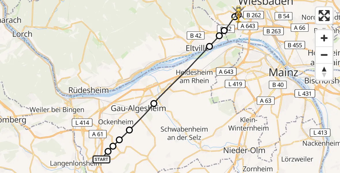 Flugroute Rettungshubschrauber Gensingen - Helios Horst Schmidt Klinik (HSK) Hubschrauberlandeplatz, 10 Juni 2026, 12:56