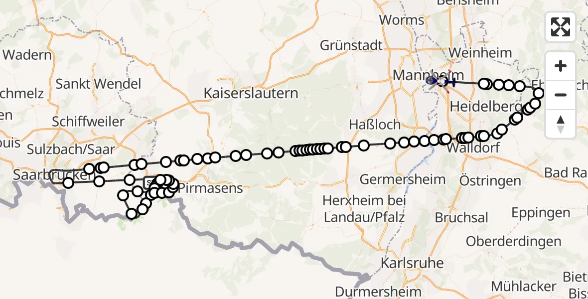 Flugroute Polizeihubschrauber Contwig - Mannheim-City Flughafen, 10 Juni 2026, 12:57