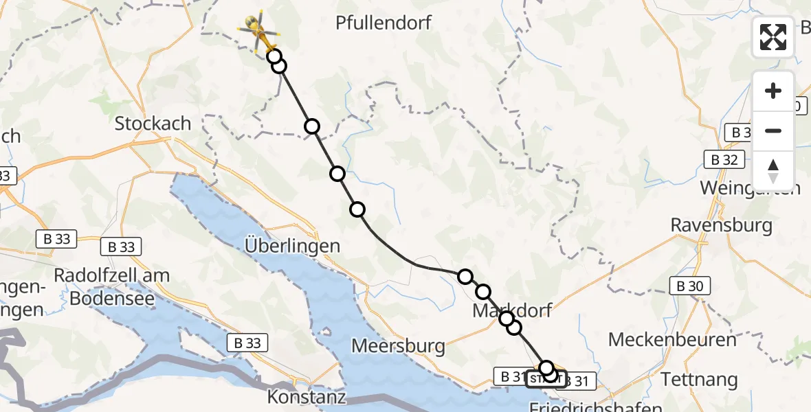 Flugroute Rettungshubschrauber Friedrichshafen Hospital - Wald, 10 Juni 2026, 13:02