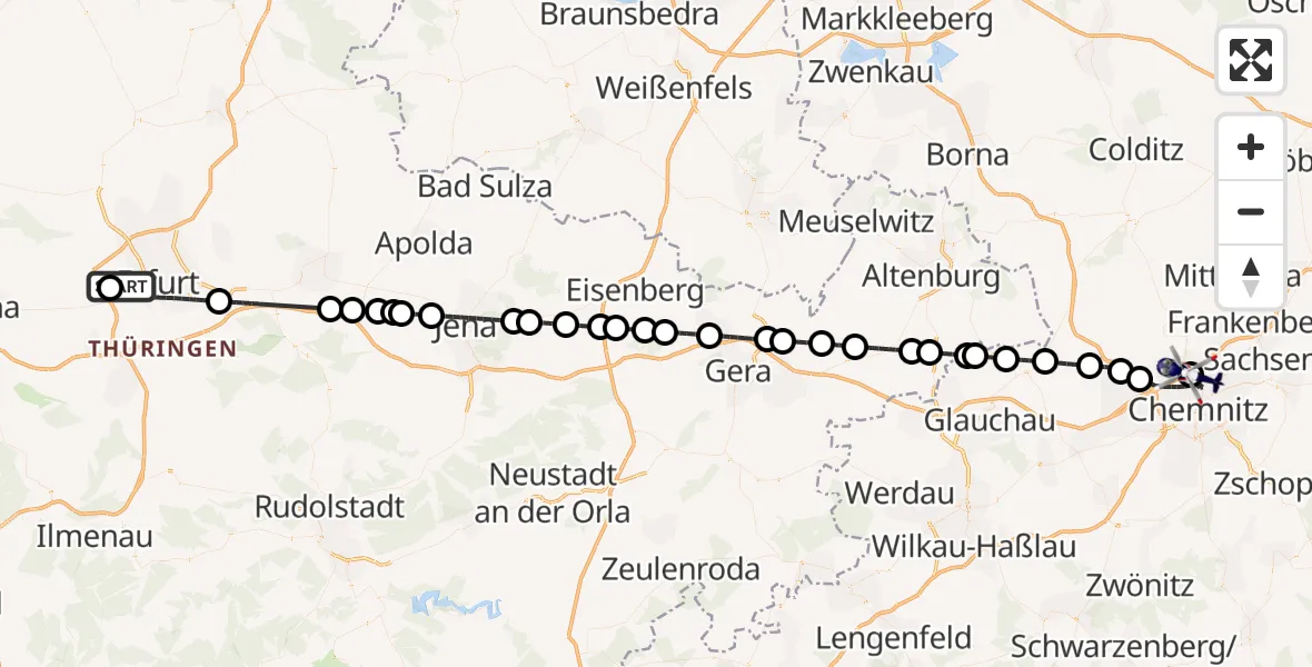 Flugroute Polizeihubschrauber Erfurt-Weimar Flughafen - Chemnitz-Glösa Industrial Park Hubschrauberlandeplatz, 10 Juni 2026, 13:04