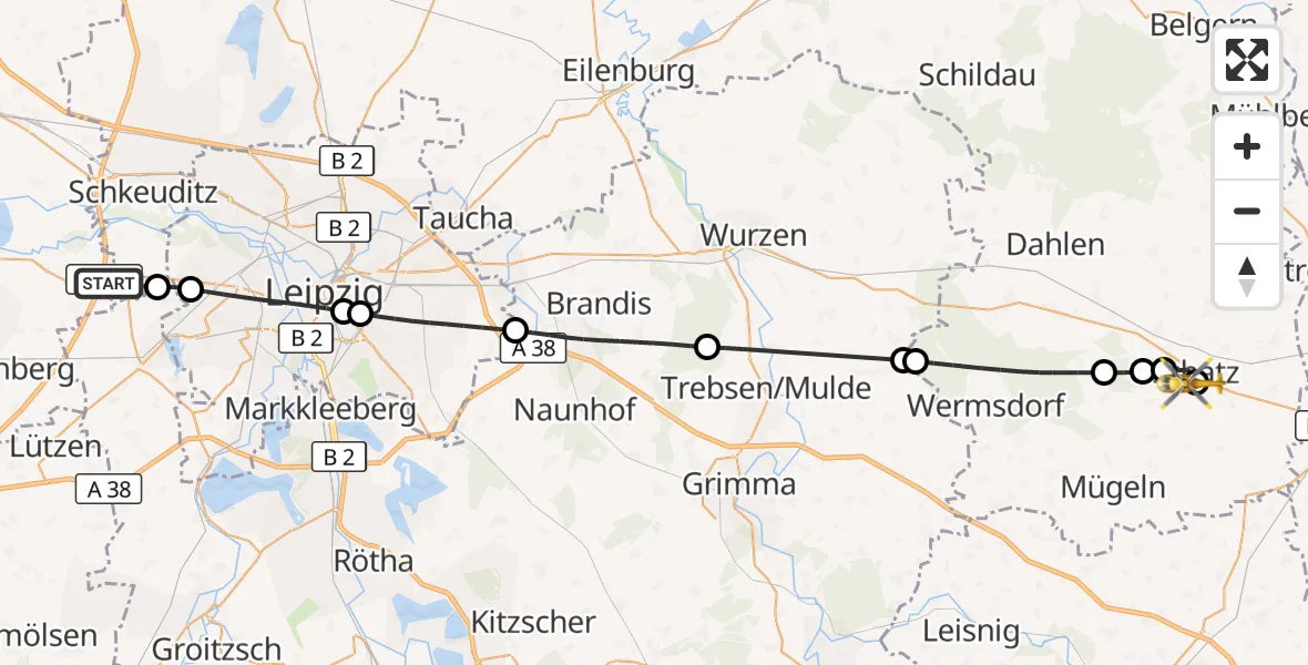 Flugroute Rettungshubschrauber Schkeuditz - Collm Klinik Oschatz Hubschrauberlandeplatz, 10 Juni 2026, 13:07