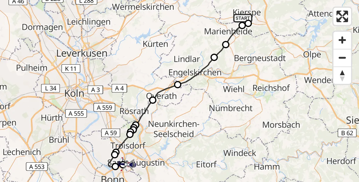Flugroute Polizeihubschrauber Kierspe - Sankt Augustin, 10 Juni 2026, 13:16