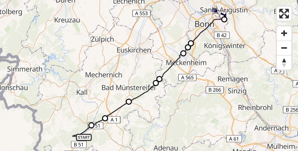 Flugroute Polizeihubschrauber Dahlem - Bonn-Hangelar Flugplatz, 10 Juni 2026, 13:19