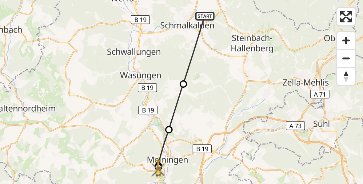 Flugroute Rettungshubschrauber Schmalkalden - Helios Clinic Meiningen, 10 Juni 2026, 13:22