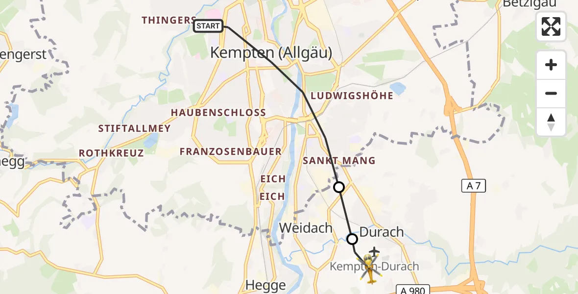 Flugroute Rettungshubschrauber Kempten (Allgäu) - Kempten-Durach Flugplatz, 10 Juni 2026, 13:27