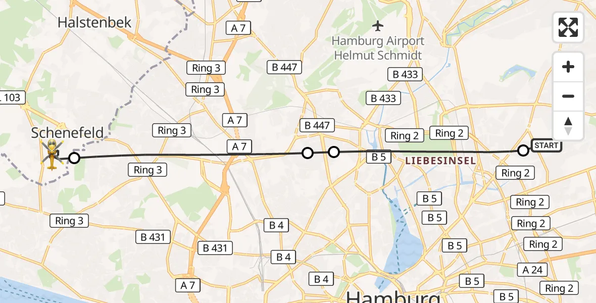 Flugroute Rettungshubschrauber Hamburg Military Hospital - Schenefeld, 10 Juni 2026, 13:29