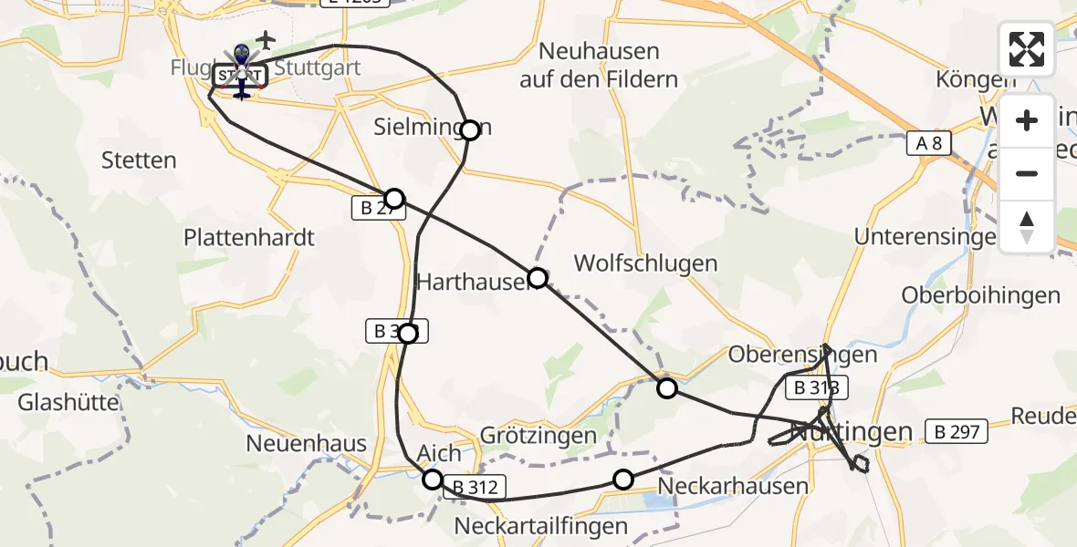 Flugroute Polizeihubschrauber Flughafen Stuttgart - Flughafen Stuttgart, 10 Juni 2026, 13:30
