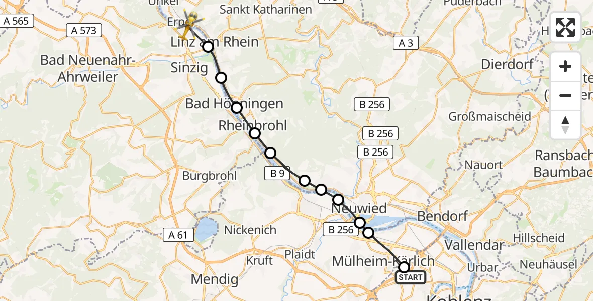 Flugroute Rettungshubschrauber Koblenz - Remagen, 10 Juni 2026, 13:37